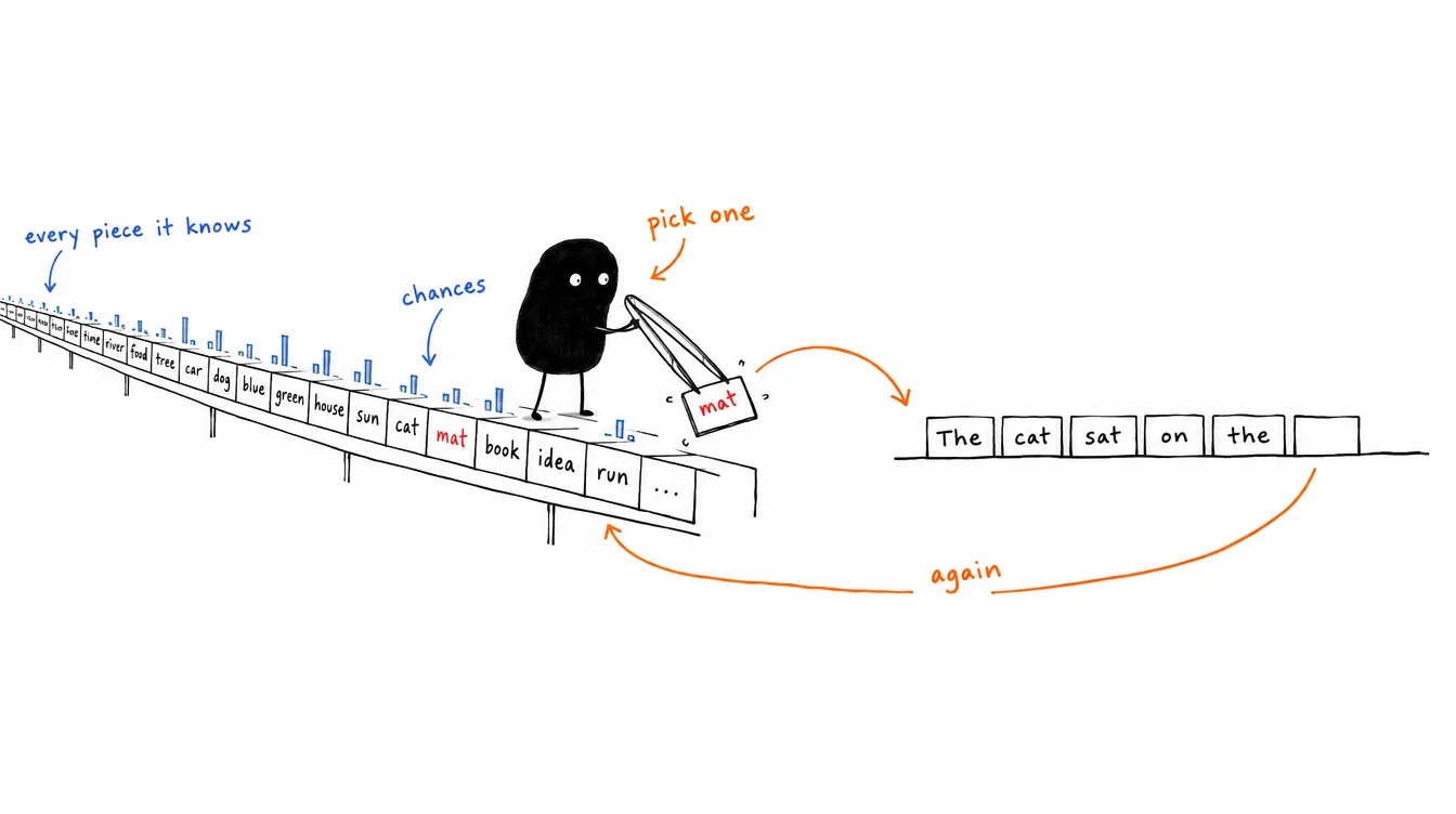 A sketch: a small figure picks the word mat from a row of words, each with its chance, and adds it to The cat sat on the