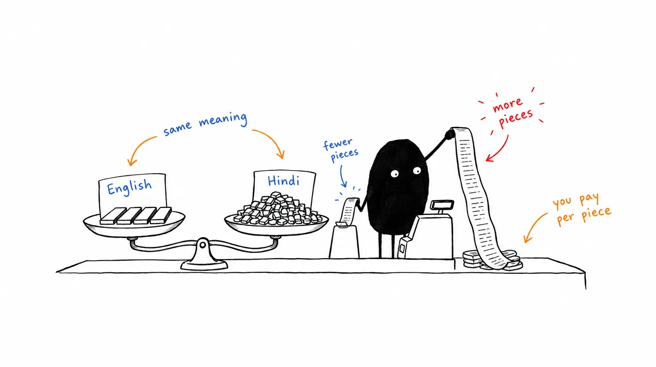 Sketch: Xiaohei weighs the same sentence in English and in Hindi; the Hindi pan holds far more pieces, and the till prints a longer bill