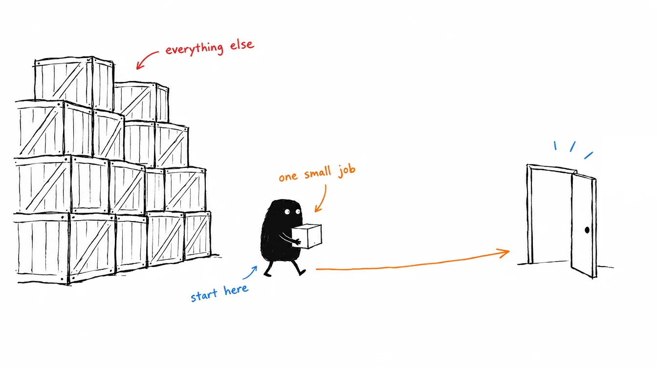 Sketch: Xiaohei carries one small box out of a storeroom stacked with big crates; the box is marked "one small job", the crates "everything else"