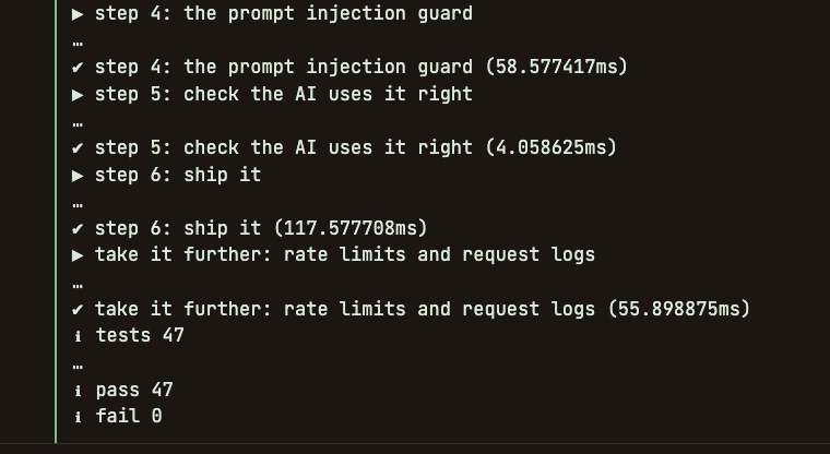 A terminal: the last BuildLab checks ticked, then tests 47, pass 47, fail 0